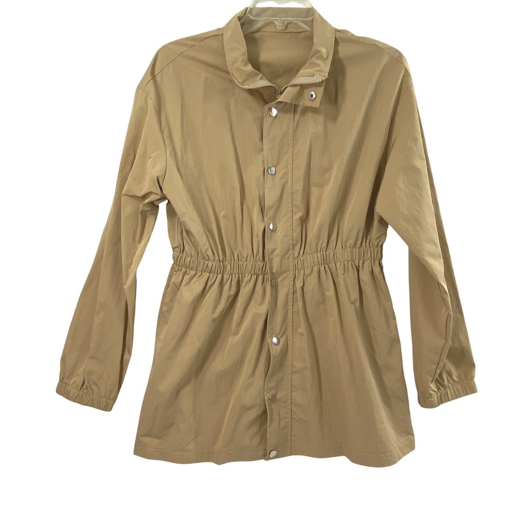 Women Jacket Size Large Tan Windbreaker Cinched Waist Utility Snap Zip Coat Gorp